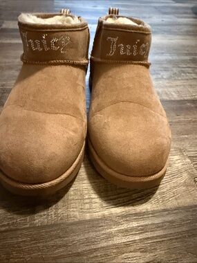 Juicy Couture Tan Suede Shearling Cuff Booties with Rhinestone Logo